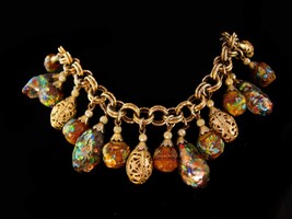 Rare Napier art glass charm bracelet - signed estate jewelry - opal dich... - £299.75 GBP