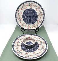 2 Polish Pottery Dinner Plates + Sm Bowl Flower Leaf Red Blue Boleslawiec 10”W - £40.99 GBP