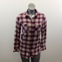Garage Tunic Fit Button Up Shirt Women&#39;s Size Small Burgundy Beige Plaid   - £7.92 GBP