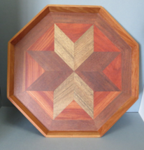 Large Hexagon Wooden Tray Multi Stained Inlaid Design 4.5&quot;  Made in Phillipines - $54.94