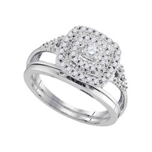 10k White Gold Round Diamond Square Halo Bridal Wedding Engagement Ring Set 1/3 - £478.01 GBP