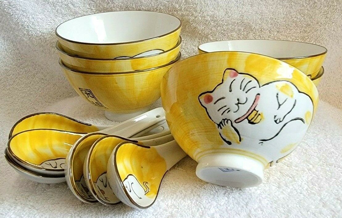12 PC Yellow White Porcelain SLEEPING CAT Maneki Neko Asian Noodle Rice Bowl Set - $45.00