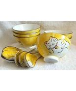 12 PC Yellow White Porcelain SLEEPING CAT Maneki Neko Asian Noodle Rice ... - £35.31 GBP