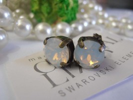 White Opal Post Earrings with Swarovski Crystal Chatons • Antique Bronze jewelry - £14.51 GBP