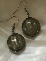 Estate Large Smokey Gray Round Fused Glass Disk Dangle Earrings for Pierced Ears - £6.75 GBP