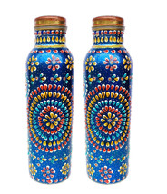 Copper water Bottle Set Container Ayurveda Health set yoga Hand painted Meenakar - £51.34 GBP