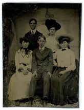 CIRCA 1860&#39;S 1/6 Plate TINTYPE Featuring 2 Young Men and 3 Women in Fancy Garb - £14.49 GBP