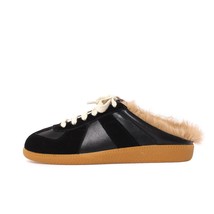 Al women winter shoes with fur slip on lace up single sandals fashion warm casual black thumb200