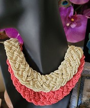 VTG Coral &amp; Cream Multi Strand Braided Woven Seed Bead Collar Bib Necklace 2 Lot - £27.22 GBP