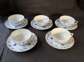 set of 5 Antique Royal Copenhagen Blue Fluted Plain teacup and saucer - $126.73