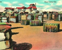 Busy Cotton Gin View Stacked Cotton Bales Unused Linen Postcard UNP - $3.91