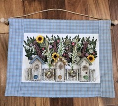 90s Primitive 3D Quilted Floral Tapestry Birdhouses Detailed Wall Decor Blue - $48.19