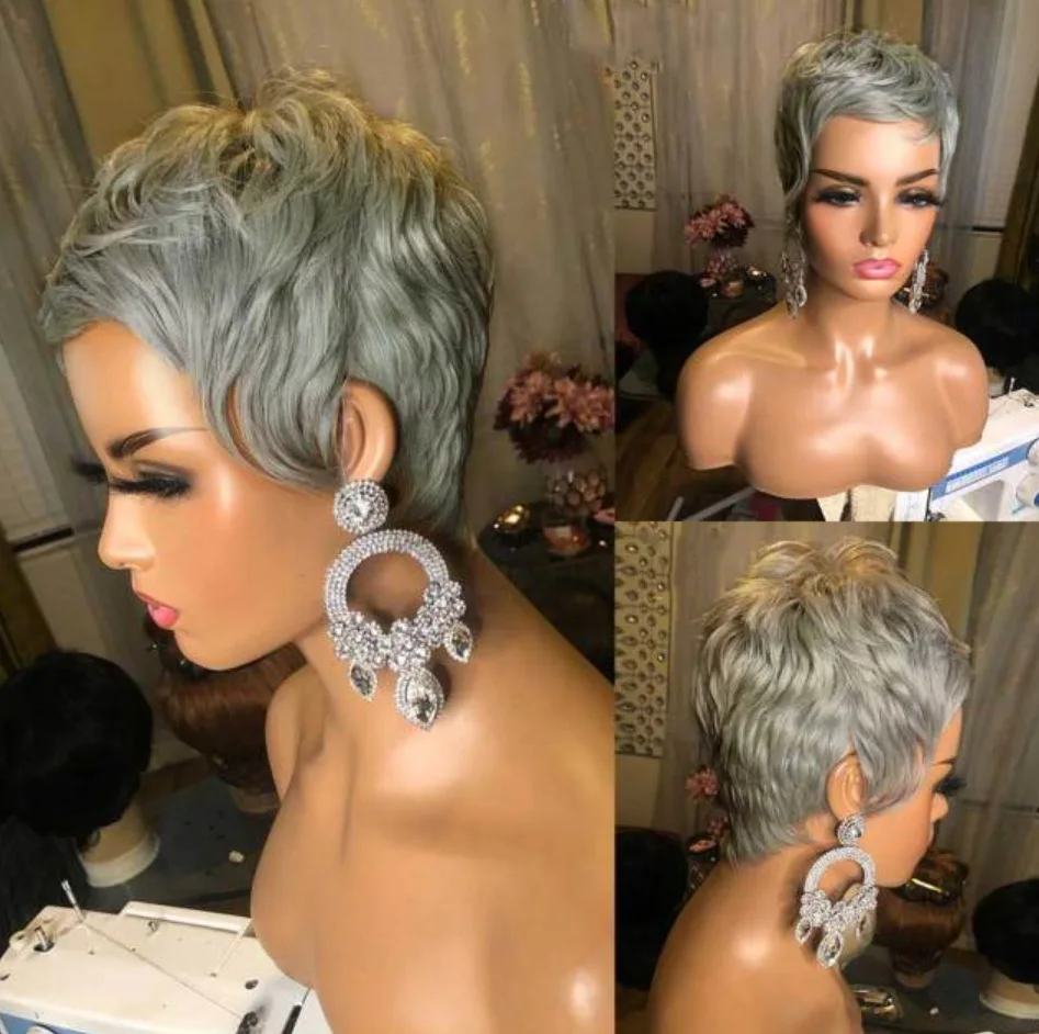Ra silver gray synthetic wigs short straight pixie cut hair bob wig with bangs hair for thumb200