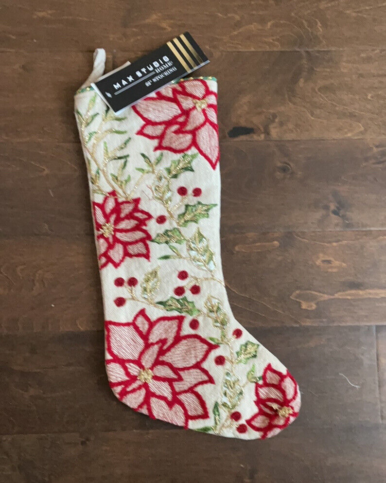 Primary image for Max Studio Embroidered Christmas Stocking set of 2 Holly Red Green Gold NWT