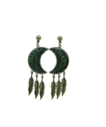 Green Teal Enamel Moon And Feather Dangle Drop Fashion Earrings Silver T... - £9.88 GBP