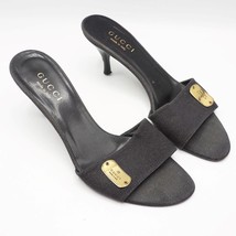 Gucci Size 8C Black Denim over Calfskin Leather Mule Heels Gold Dog Tag - £137.37 GBP