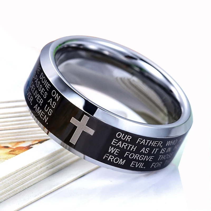 Hot Laser Engraved Bible Verse  Lord Prayer Cross Ring For Men Women Tungsten St - $77.64