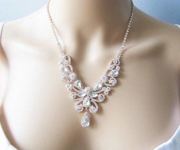 2 piece Rose Gold Wedding Necklace, Crystal Rhinestone Necklace, Bridal Jewelry, - £16.51 GBP