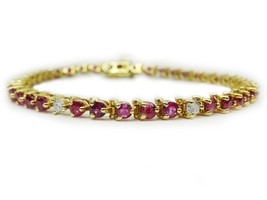 6.45ct tw Natural Ruby &amp; Earth Mined Diamond Line Tennis Bracelet 14k Gold - £5,091.26 GBP