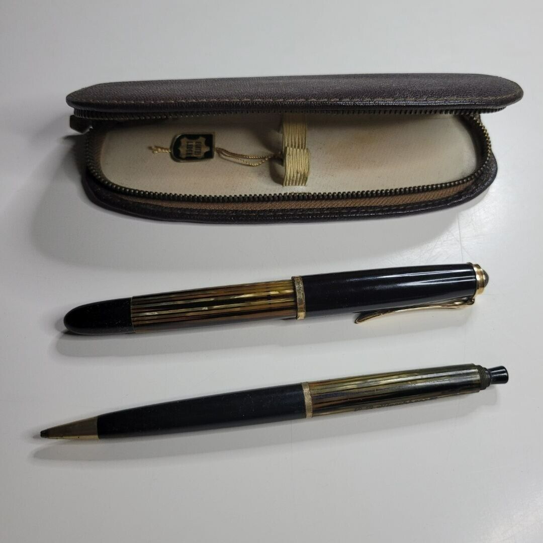 Pelikan Fountain Pen Tortoise Brown Stripe Case Mechanical Pencil Zip Vintage - $466.36