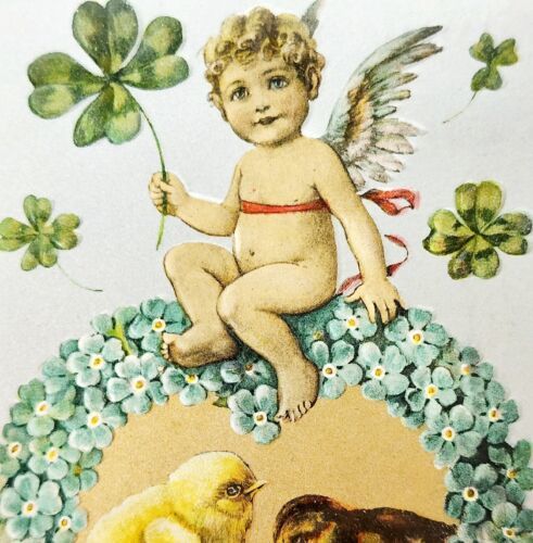 Primary image for Easter Joys 1910 Greeting Postcard Embossed Cherub 4 Leaf Clover PCBG6D