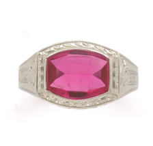 14k White Gold Men&#39;s Synthetic Lab-Created Ruby Ring w/ Hand Engraving (#J6643) - £402.38 GBP