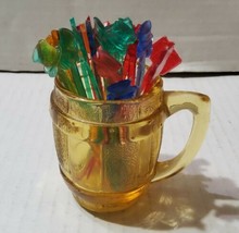 Vintage Amber Mini Barrel Mug Handle Hazel Atlas Toothpick Holder Cocktail Picks - £21.91 GBP