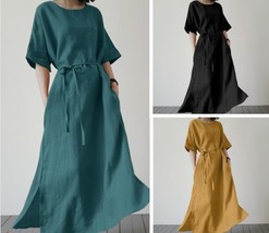 Women&#39;s Long Dress, Elegant Short-sleeve Casual Cotton and Linen Dress f... - $41.99