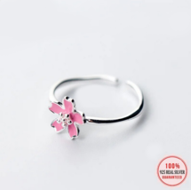 Elegant 925 Sterling Silver Romantic Pink Flower Adjustable Ring (Size 6-8) - £15.97 GBP