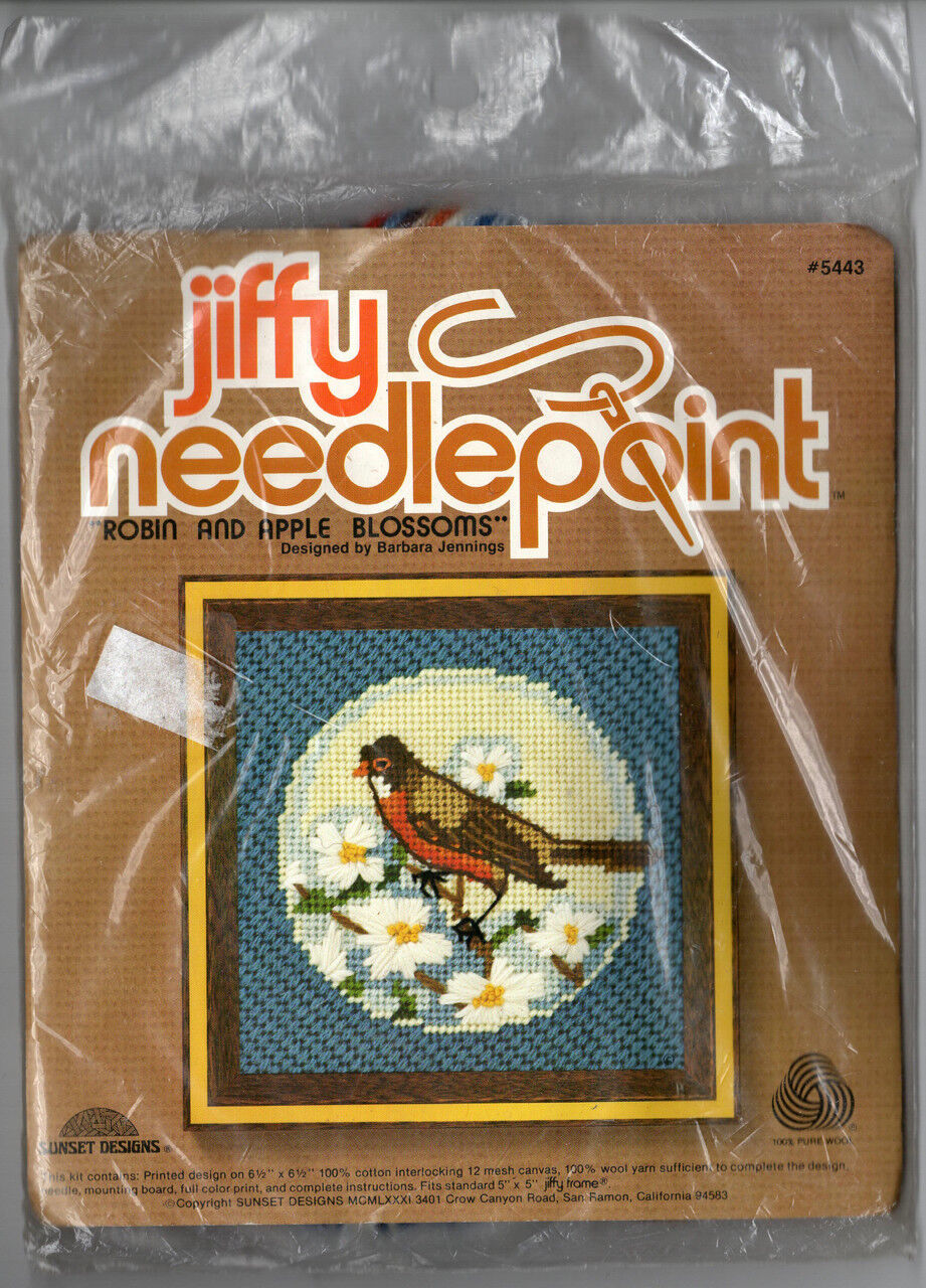 Vintage Jiffy Needlepoint Kit Robin Apple Blossoms Spring 5443 - $24.38