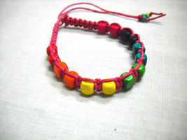 Hot Pink Weave W Colorful Wood Beads Blue Green Purple Tie Bracelet Or Anklet - £3.94 GBP