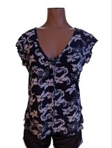 Calvin Klein soft navy blue white floral top blouse Medium M lace up front - £7.83 GBP