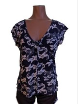 Calvin Klein soft navy blue white floral top blouse Medium M lace up front - £7.76 GBP