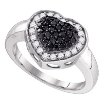 10kt White Gold Womens Round Black Color Enhanced Diamond Heart Cluster Ring - £380.76 GBP