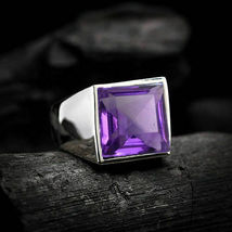 4.00Ct Princess Cut Purple Amethyst Gemstone Mens Ring In 14K White Gold Finish - £74.11 GBP