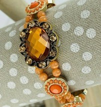 Orange Czeh Glass Rinestone Bracelet Gold Tone Boho Handmade Cuff  - $29.99