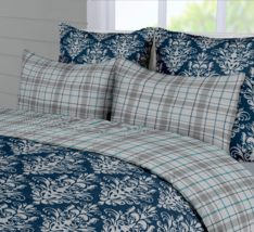Reversible Box Quilted Comforter Set Damask Blues Cotton - $245.31+