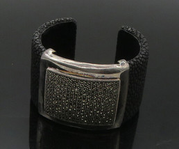 925 Sterling Silver - Vintage Marcasite Cobbled Leather Cuff Bracelet - BT6860 - £154.09 GBP