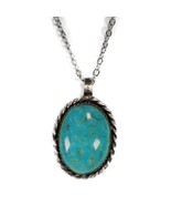 Sterling Silver 1&quot; Turquoise Cabochon Oval Pendant Rope Border Chain Nec... - $931.77 MXN