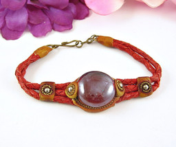 Red Glass Gem Vintage Bracelet 3 Braided Leather Cords Tan Artisan Handmade 8&quot; - £15.78 GBP