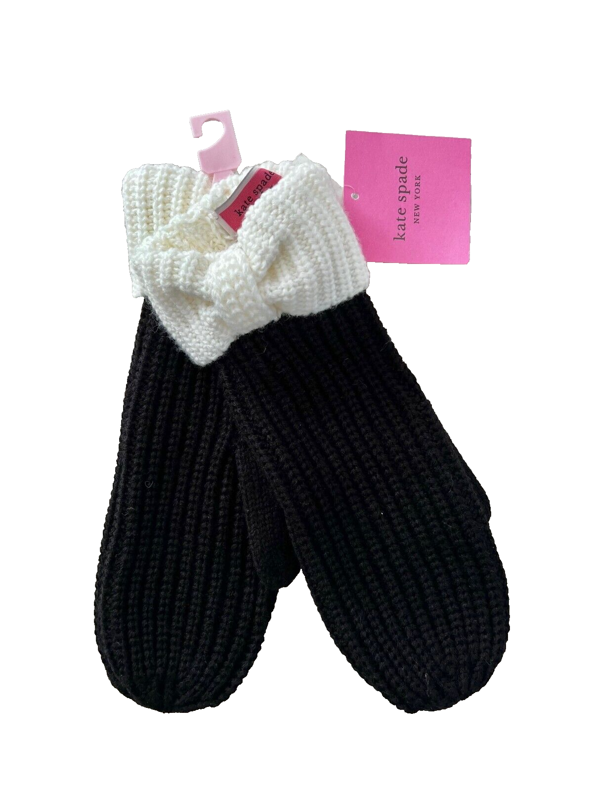 Kate Spade New York Knit Rib Bow Cuff Mittens Black White - $89.07