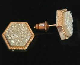 Crystal Druzy Earrings Post Back Gold Framed Hexagon NEW image 2