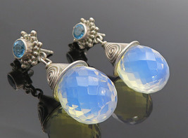 SAJEN 925 Silver - Vintage Faceted Opalite &amp; Blue Topaz Dangle Earrings - EG3110 - £53.20 GBP