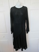 Vintage 2pc Knit Asymmetrical Skirt Suit Set Black Fringe Unbranded Keyhole EUC - £36.01 GBP