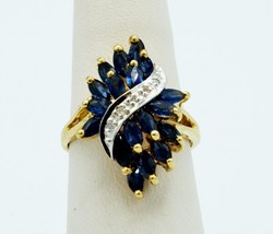 1.0 Carat Total Weight Sapphire &amp; Diamond 10k Gold Cocktail Ring 201902089 - £365.37 GBP