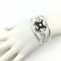 ABALONE shell inlay vintage open cuff bracelet - silver-tone filigree Me... - $15.00