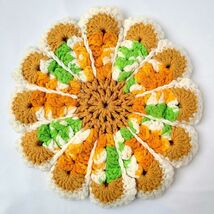 Vtg Crochet Potholder Hot Pad Trivet Handmade Flower Green White Orange ... - $9.95