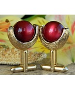 Vintage Cufflinks Gold Textured Cherry Red Moonglow Lucite Ball Toggle - £15.94 GBP