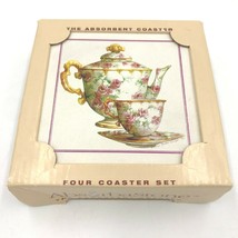 Absorbastone Coasters Set 4 China Teapot Teacup Design Pink Rose Cork Backed DH1 - £10.61 GBP