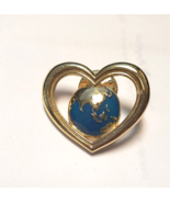 Vintage Avon Earth Globe Blue Enamel Gold Tone Heart Frame 1&quot; Brooch Pin... - $12.01